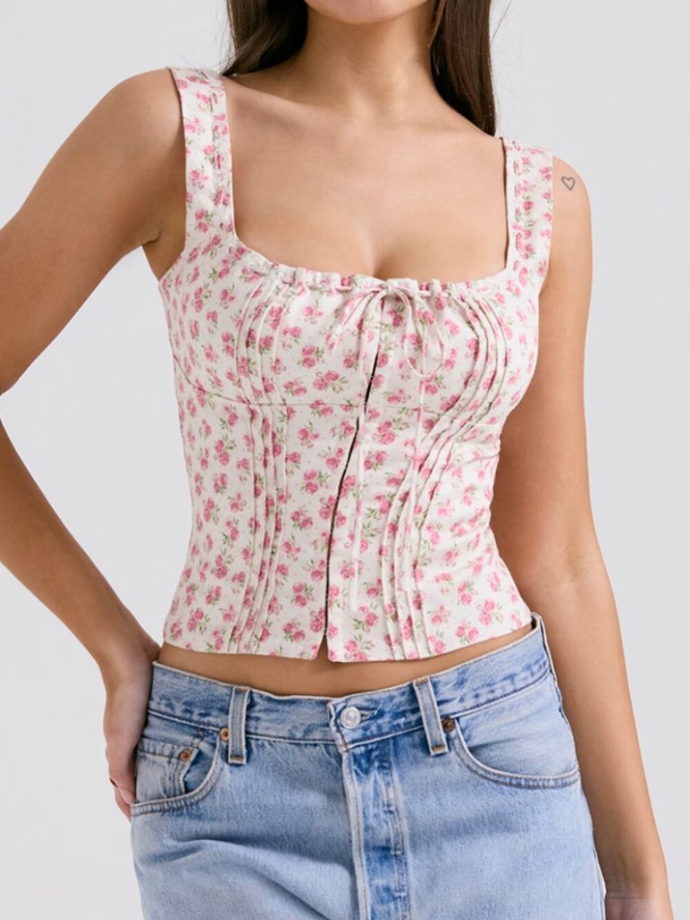 House of CB Chicca White Rosebud Pink Print Summer Top - Small Plus Cup
